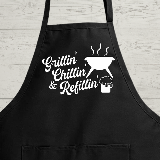 Funny Men's Apron - Grillin' Chillin' and Refillin' - Hilarious BBQ Apron"